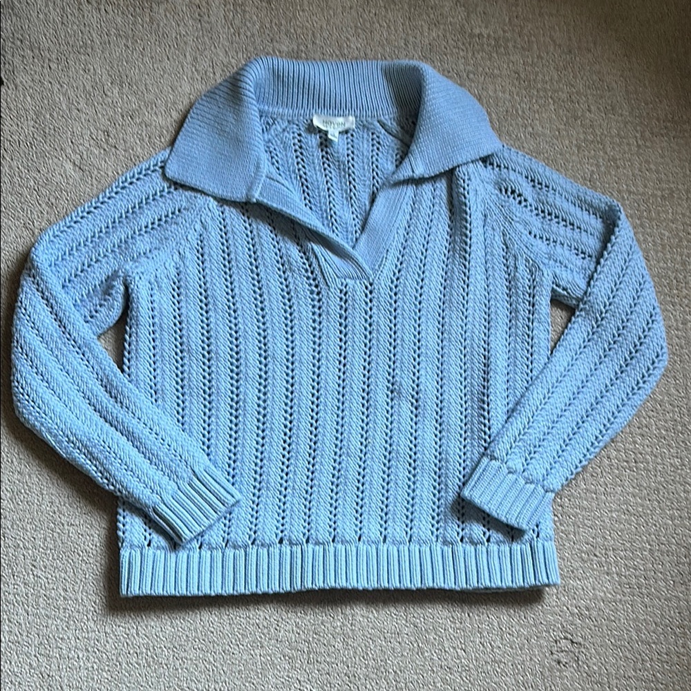 HAVEN WELL WITHIN Open Knit Light Blue Collared Sweater